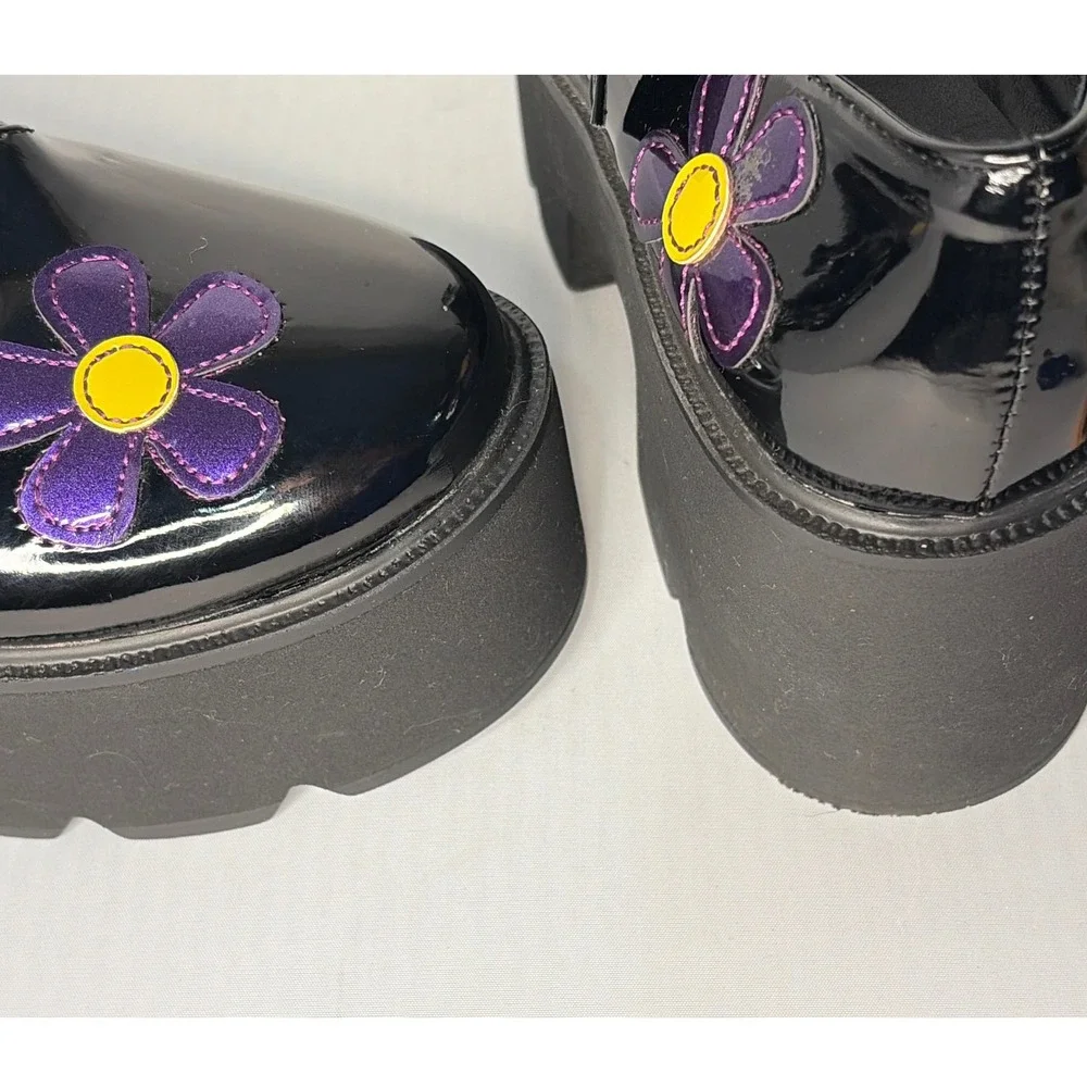 Black Patent Platform Mary Janes Flower Applique T-Strap Lug Sole Shoes Size 39